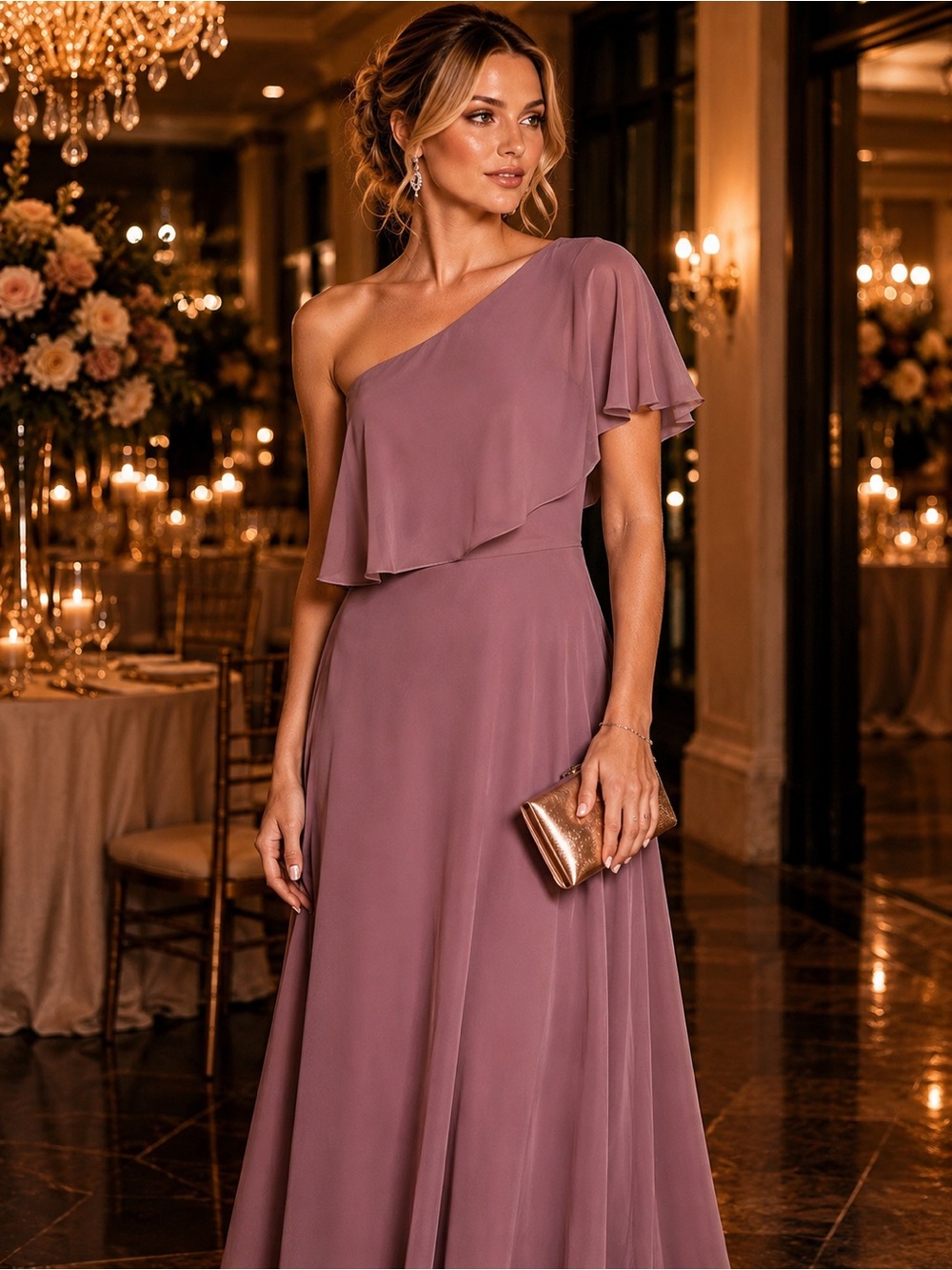 NWT Azazie Bridesmaid Dress A8 Mauve One Shoulder Chiffon Formal Gown